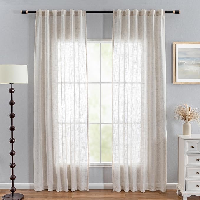MYSKY HOME Linen Curtains for Living Room, Natural Semi Sheer Curtains & Drapes - Image 3