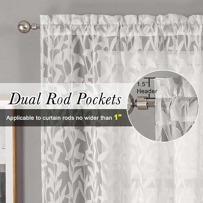 Lecloud Leia Sheer Ivory Kitchen Curtains 36 Inch Length 2 Pcs, Jacquard Leaf - Image 5