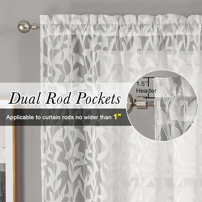 Lecloud Leia Ivory Sheer Curtains 30 Inch Length 2 Pcs, Jacquard Leaf Textured - Image 5