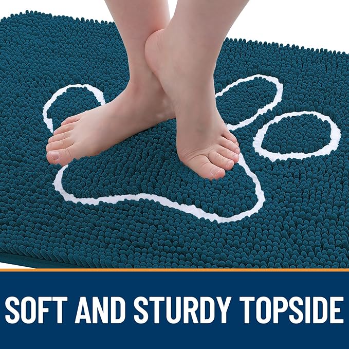 OLANLY Door Mat for Muddy Dog Paws 48x30, Absorbent Chenille Mud Doormat with Paw Print Design, Non-Slip Washable Doormat for Indoor Entryway, Quick-Dry Pet Bed Mats for Dirty Dogs, Atlantic Blue