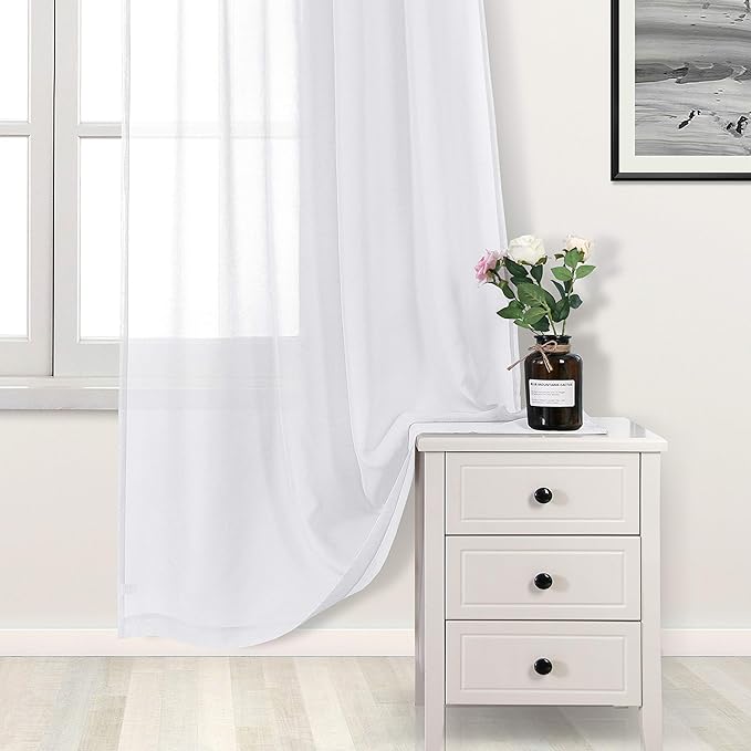 DWCN White Sheer Curtains Semi Transparent Voile Rod Pocket Curtains - Image 3