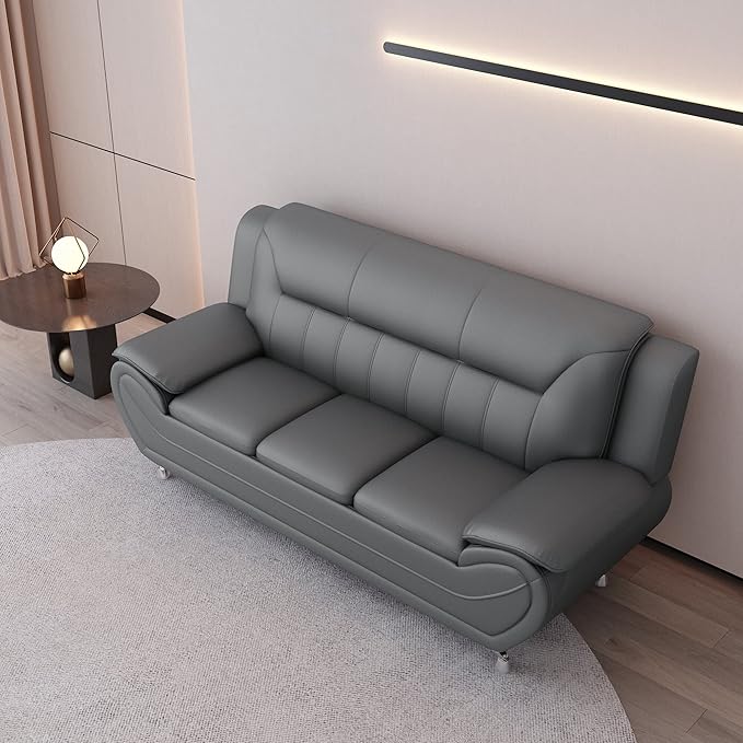Container Furniture Direct Michael Modern Faux Leather Upholstered Stainless Steel Legs Living Room Sofa, Sleek Gray