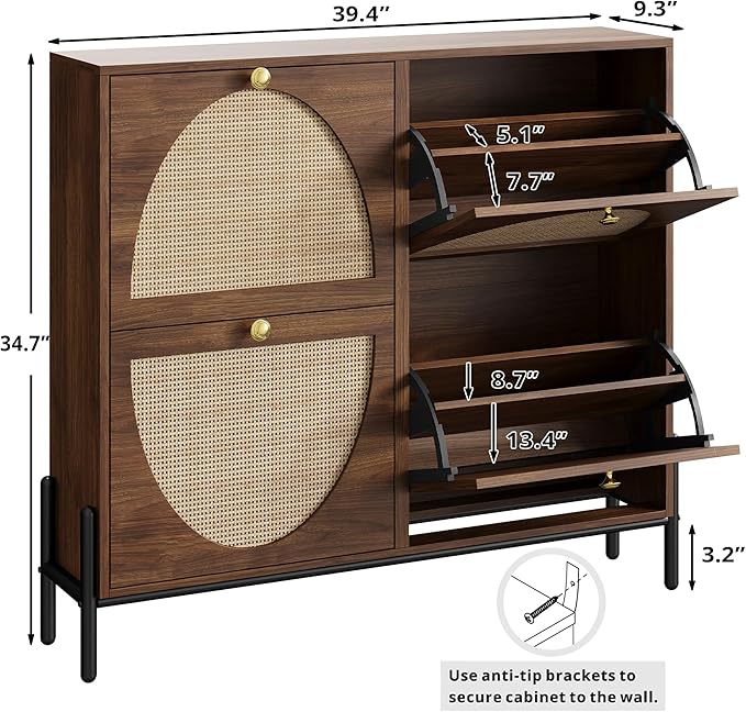 IRONCK Rattan Shoe Cabinet Storage with 4 Flip Drawers, Freestanding Shoe Storage Organizer Cabinet for Entryway, Narrow Shoe Rack Cabinet, Walnut
