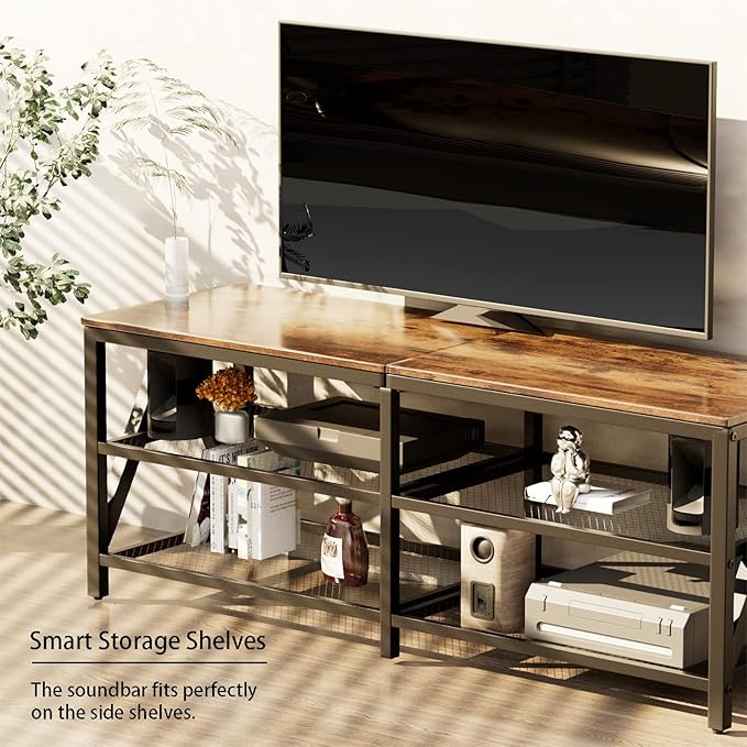 TV Stand for TVs up to 65 Inch, 55" Long Industrial TV Console Table with 3-Tier Storage Shelves, Entertainment Center for Living Room, Bedroom (Rustic Brown)
