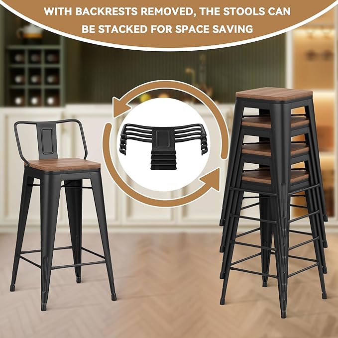 26 Inch Swivel Bar Stools Set of 4 with Backs Counter Height Industrial Metal Barstools Island Bar Chairs for Home Kitchen Dining Room (Swivel 26 inch,Matte Black Wooden)