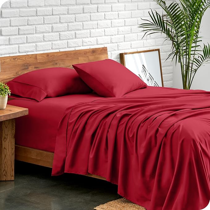 Bare Home Split Head Flex King Sheet Set - 1800 Ultra-Soft Microfiber Bed Sheets - Double Brushed - Deep Pockets - Easy Fit - 4 Piece Set - FlexTop King Bedding (Split Head Flex King, Red)