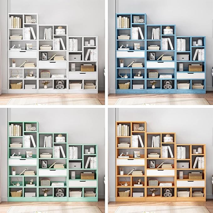 IOTXY Wooden Open Shelf Bookcase - 61 Inches Height Freestanding Display Storage Cabinet Organizer with 8 Cubes and a Drawer, Floor Standing Bookshelf in Maple Yellow