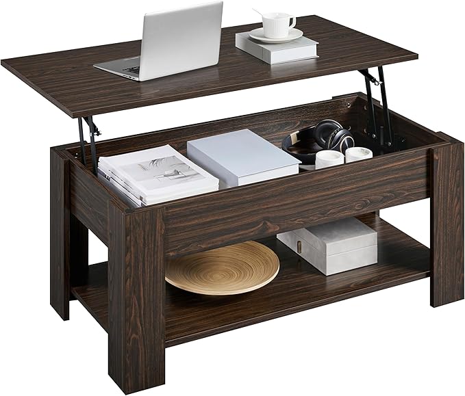 Yaheetech Lift Top Coffee Table with Hidden Compartment and Storage Shelf, Rising Tabletop Dining Table for Living Room Reception Room, 38.6in L, Espresso
