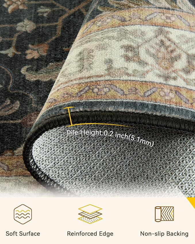 Area Rugs 8'x10' Washable Non-Slip, Floral Vintage Distress Print Pattern - Image 4