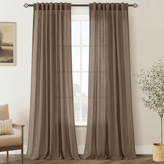 Chocolate Brown Linen Curtain 102 inch Length 2 Panels Back Tab Light Filtering by Jolilight