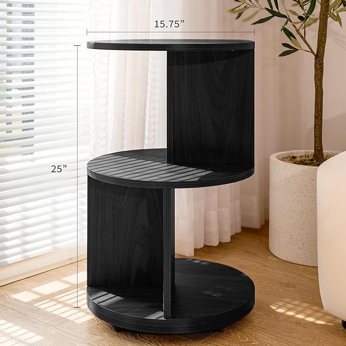 KAYMILY Living Room Side Table, Office Round Bookshelf End Table, Bedroom Mid Century Modern Nightstands, Contemporary Accent Tables - Easy Assembly - MDF Wood - Stationary - Black