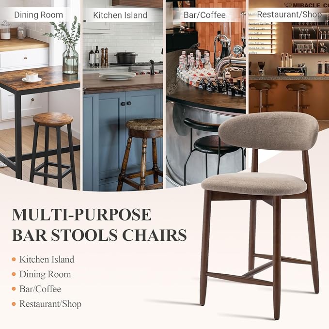COLAMY Counter Height Bar Stools Set of 2, Kitchen Bar Stools with Back, Mid Century Modern Upholstered, with Wood Legs for Kitchen Island Dining Room, Camel