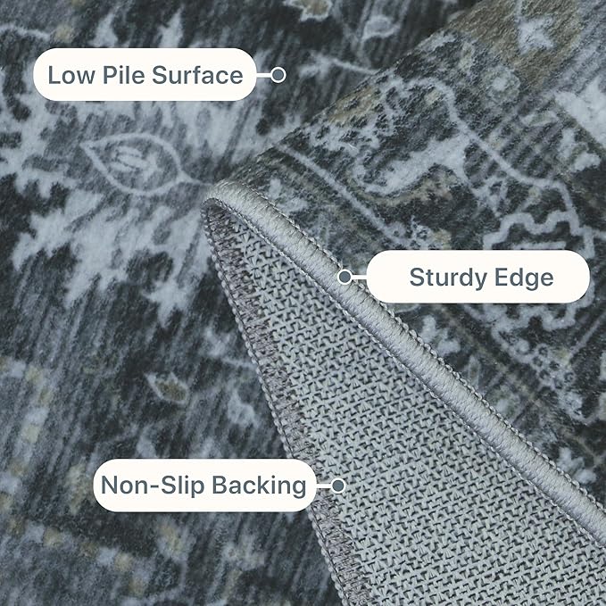 GENIMO 10x14 Area Rugs for Living Room, Machine Washable Non Slip Vintage Rugs, Low Pile Lightweight Chenille Print Rug for Bedroom, Dining Room, Home Office,Dark Gray