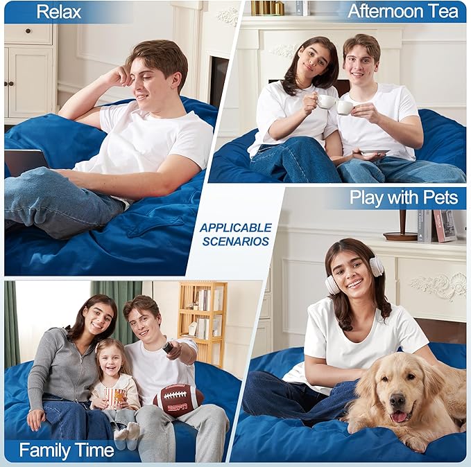 Homguava 5FT Bean Bag Chair Giant BeanBag with Memory Foam Filled, Comfy Bean Bag Chairs for Adults, Adult Bean Bag Chair with Dutch Velvet Cover for Living Room Bedroom-Blue