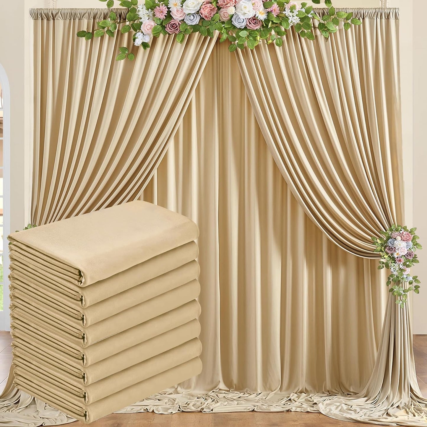 40ft x 10ft Wrinkle Free Beige Backdrop Curtain for Wedding Parties, Thick Polyester Photo Backdrop Drapes for Baby Shower Engagement Birthday Party Backdrop Stand,5ft x 10ft 8 Panels