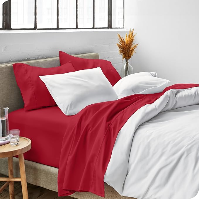Bare Home Queen Sheet Set - Luxury 1800 Ultra-Soft Microfiber Queen Bed Sheets - Double Brushed - Deep Pockets - Easy Fit - 4 Piece Set - Bedding Sheets & Pillowcases (Queen, Red)