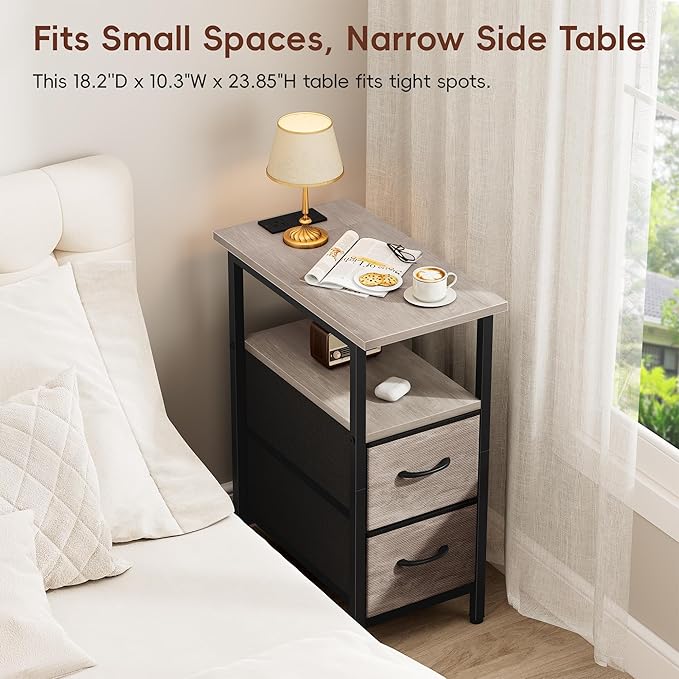 Vagusicc End Table with Charging Station, Narrow Side Table, 23.8'' Tall Nightstand with 2 Fabric Drawers, Small Sofa Side Table Narrow Nightstand for Small Spaces, Living Room, Bedroom, Rustic Grey