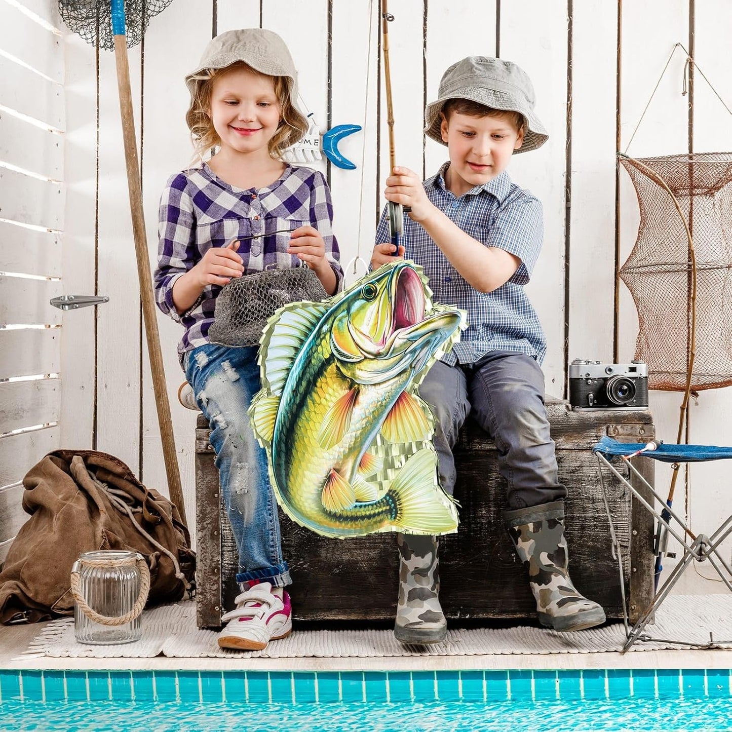 WERNNSAI Fish Piñata - Fishing Game Pinata Ocean Pinata Under the Sea for Boy Adult Party Decoration Summer Pool Party Game Supplies Favors with Bat Blindfold