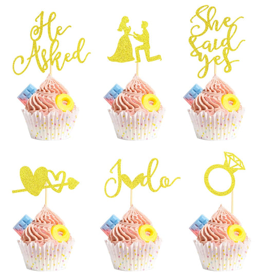 24Pcs He Asked She Said Yes Cupcake Toppers Diamond Ring Heart I Do Cake Picks for Wedding Engagement Bridal Shower Party Cake Decorations - Gold Glitter