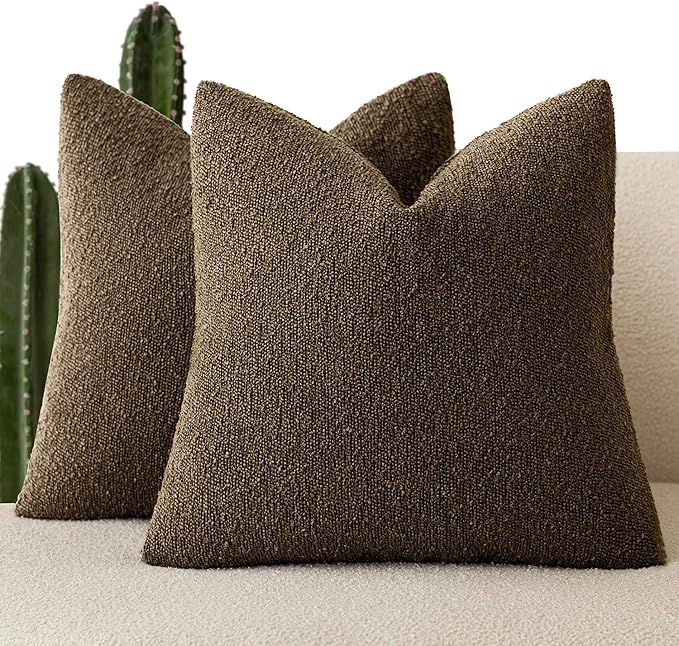 Foindtower Pack of 2 Textured Boucle Throw Pillow Covers Accent Solid Decorative Pillow Cases Cozy Woven Couch Cushion Case for Sofa Bedroom Living Room Home Decor 20x20 Inch Chocolate