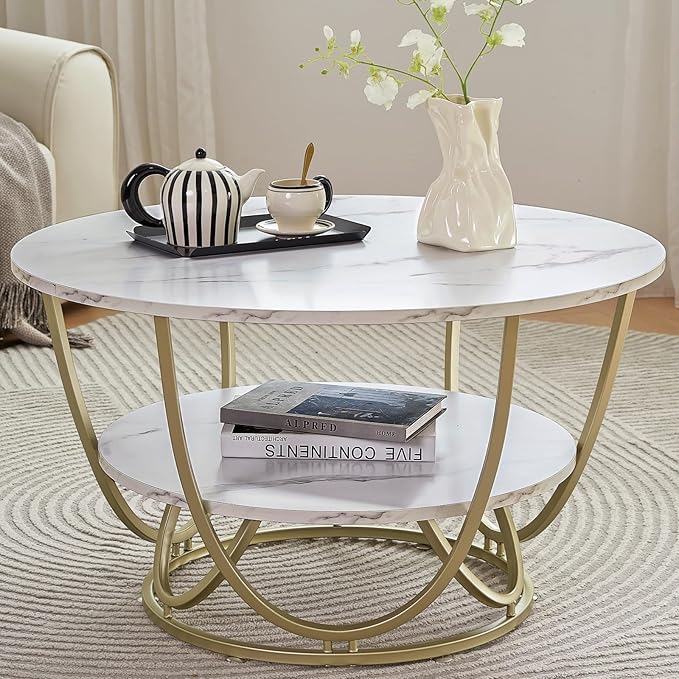 Elephance Round Coffee Table with Storage, 30 Inch Modern Coffee Table for Living Room,Wooden Tabletop-Marble White Print with Gold Frame