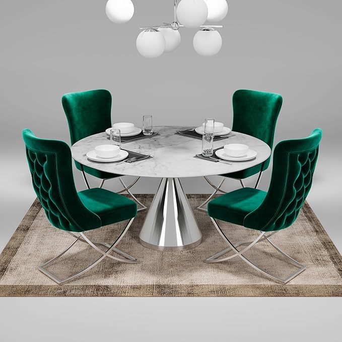 Ottomanson Royal Dining Chairs Set of 2 – Upholstered Tufted Microfiber, Assembled, Silver Metal Legs, Beech Wood Frame, 350 lb Capacity, Green