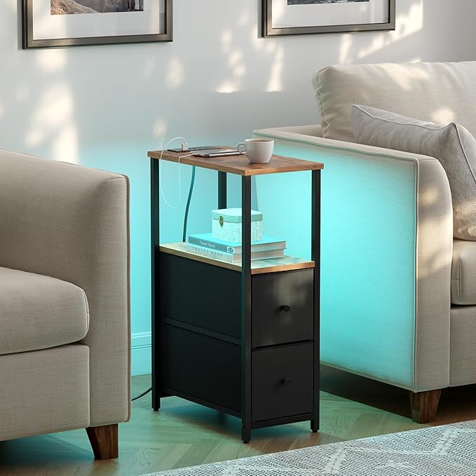 TUTOTAK Small Narrow LED End Table with Charging Station, Side Table Outlets, Nightstand with 2 Cloth Drawers, Set of 2, Couch Table, for Living Room, Bedroom, Bedside, Brown and Black TB01BB056K