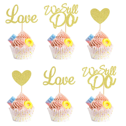 24Pcs We Still Do Cupcake Toppers Glitter Love Heart Marriage Anniversary Cupcake Picks Bridal Shower Wedding Engagement Birthday Cake Decorations Supplies - Gold Glitter