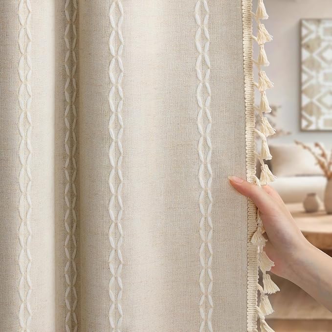 Boho Blackout Curtains 90 Inches Long Beige Linen Blend 2 Panels - Image 8