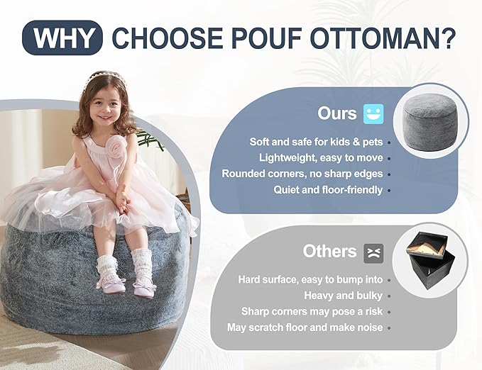 Round Pouf Ottoman 20"x15" Bean Bag Ottoman Soft Top Comfortable Small Foot Stool Foot Rest Pouf Brown Tall Footstool Ottomans Round Hassock Fluffy Boho Furniture Small Ottomans for Living Room