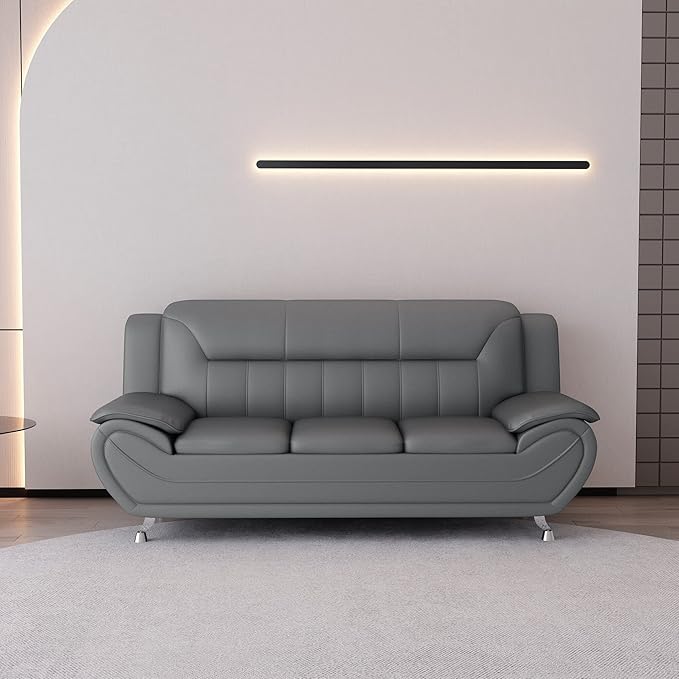 Container Furniture Direct Michael Modern Faux Leather Upholstered Stainless Steel Legs Living Room Sofa, Chair, Sleek Gray
