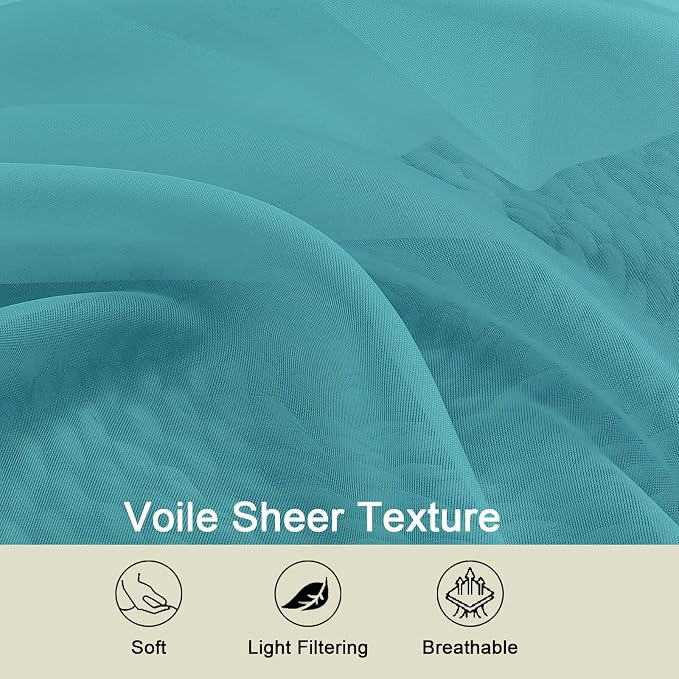 Sheer Turquoise Curtains for Bedroom Living Room 54 Inch Length 2 Panels Set - Image 3