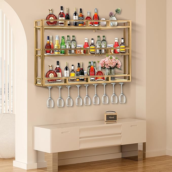 Metal Wine Rack Wall Mounted, Bar Shelves for Liquor Bottles with LED Light, 3 Tier Large Capacity Liquor Rack Wall Mounted with Glass Holder for Home Bar & Dining Room （Gold, 31in/80cm）