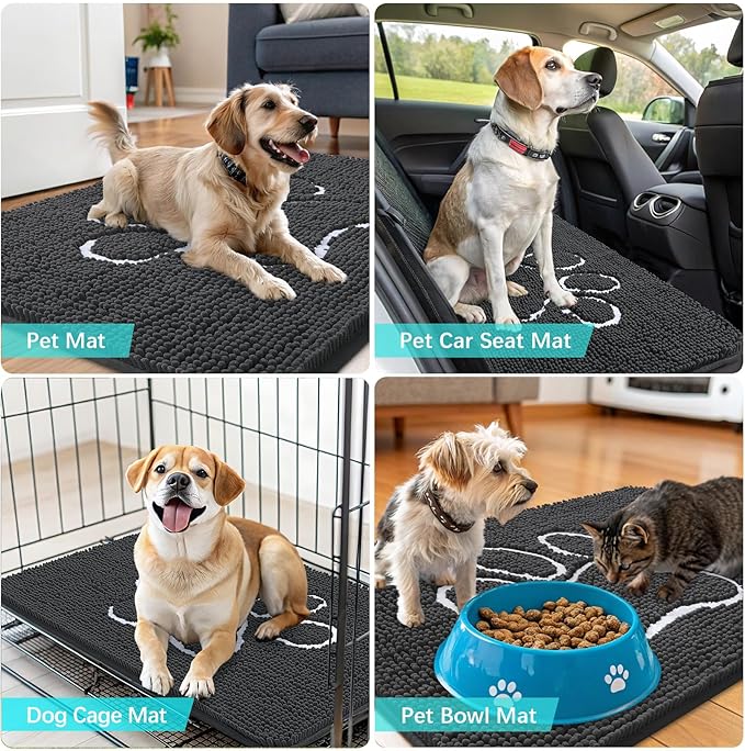 OLANLY Door Mat for Muddy Dog Paws 30x20, Ultra Absorbent Chenille Mud Doormat with Paw Print Design, Non-Slip Washable Doormat for Indoor Entryway, Quick-Dry Pet Bed Mats for Dirty Dogs, Dark Grey