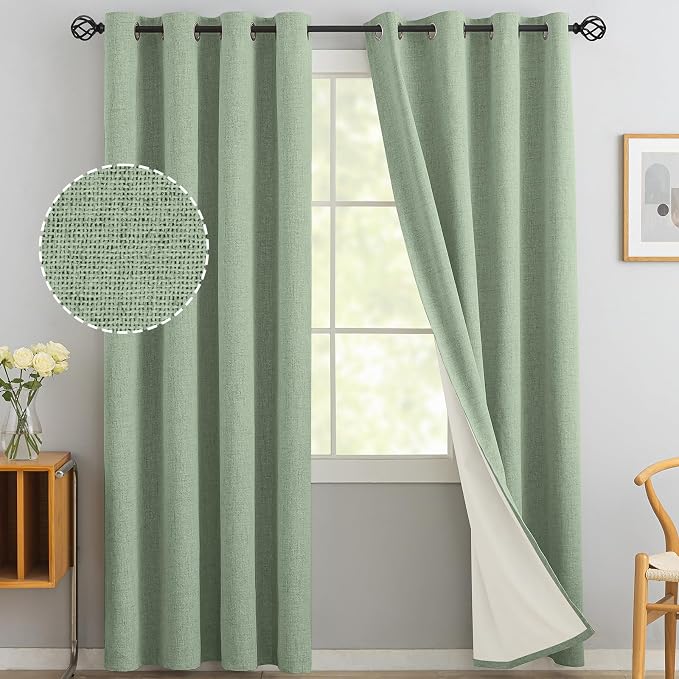 Yakamok Light Sage Green Linen Curtains 100% Blackout 96 Inches Long, Room by Yakamok