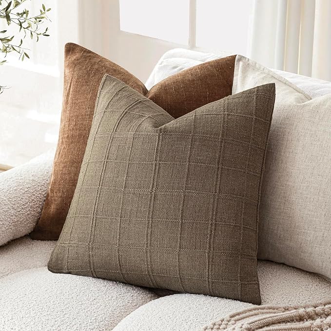 Foindtower Set of 2 Decorative Linen Check Throw Pillow Covers Neutral Farmhouse Vintage Cushion Covers Modern Boho Home Decor for Sofa Chair Couch Bedroom Living Room Outdoor,20×20 Inch, Brown