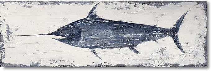 Yihui Arts Indigo Blue Swordfish Canvas Wall Art Painting Pictures for Living Room Bedroom Bathroom Decor