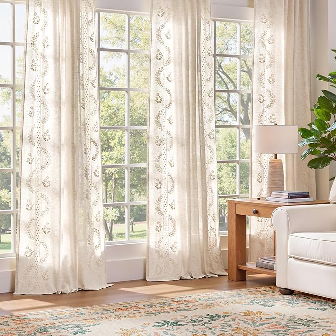 jinchan Belrose Linen Curtains for Bedroom Floral Curtains 96 Inch Length Linen - Image 3