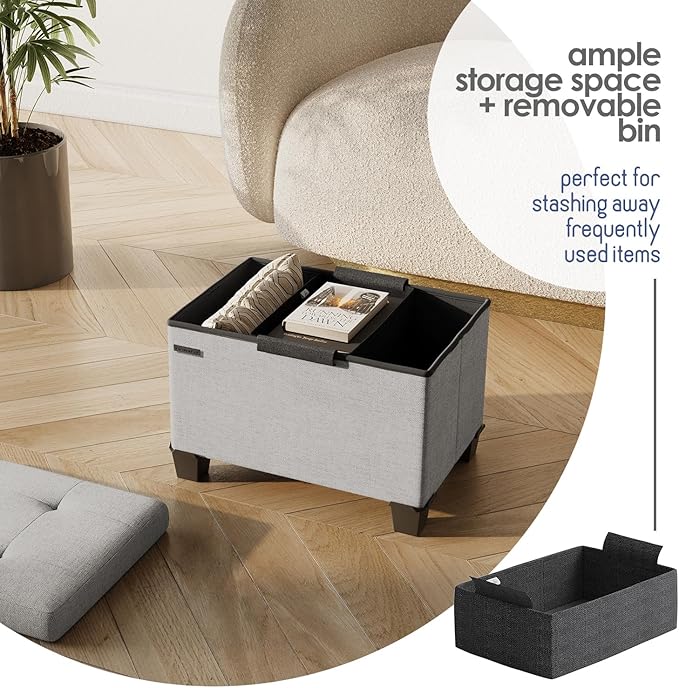 STORAGEBUD Storage Ottoman Cube with Small Bin, 16-in Square Ottoman with Storage for Living Room and Bedroom, Small Ottomans Foot Rest, Fabric Foot Stools Ottomans Max 330lbs, Light Grey
