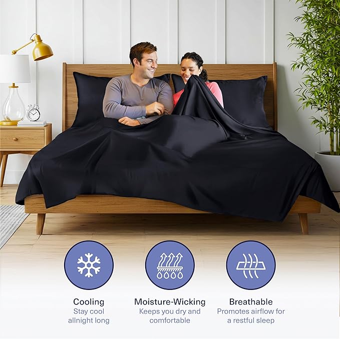 Kickoff Viscose Bamboo Sheets Full Size 4-pc 100% Organic Bamboo Viscose Bed Cooling Sheets Full Size Set Cool Bedding for hot Sleepers Sheet, Flat, Fitted, Pillowcases (Onyx Black, F)