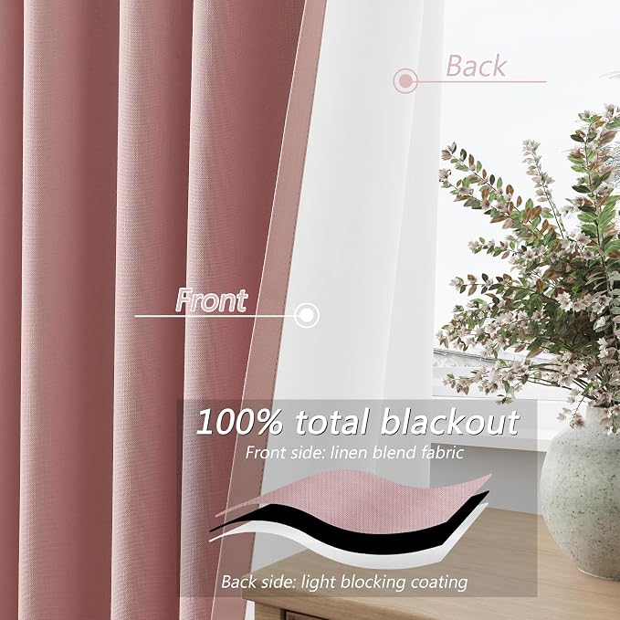 Guken Pink 100% Blackout Linen Curtains 102 Inch 2 Panels Set - Image 4
