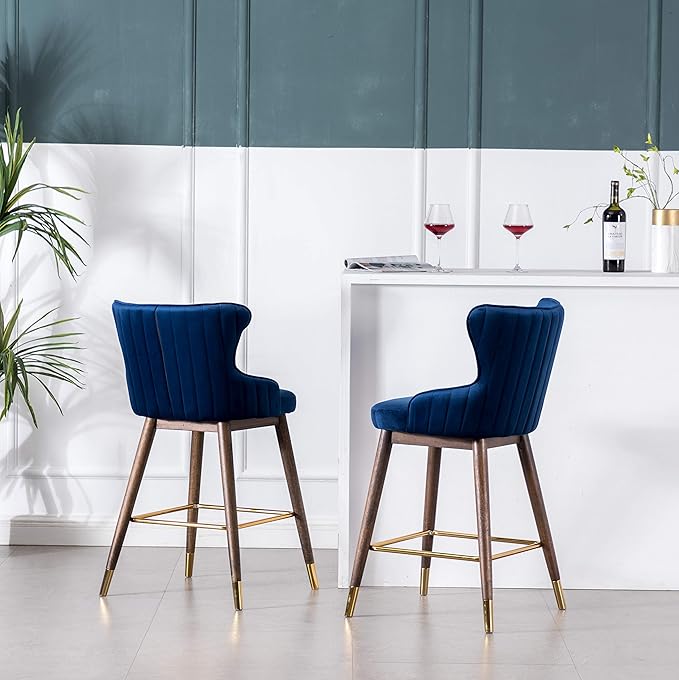 Roundhill Furniture Leland Fabric Upholstered Counter Height Wingback Stools, Set of 2, Blue