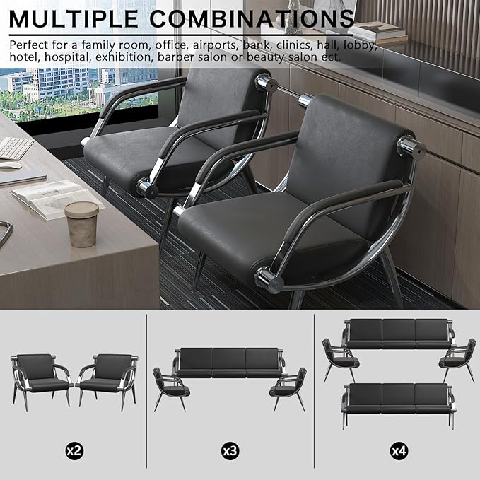 wonline 4 Seat Waiting Room Chair with Armrest PU Leather Office Furniture, Office Guest Seating Lobby Conference Reception Chairs for Airport Clinic Hospital Bank Salon Barber(Black)
