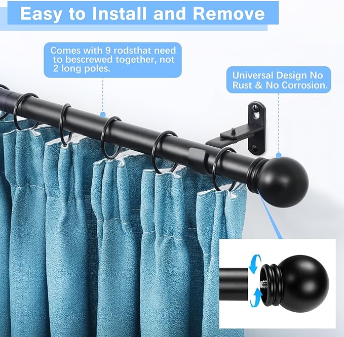 Curtain Rods for Windows 16 to 136 Inches, Curtain Rod Max Adjustable Length of 144 IN, 6/8" Diameter Drapery Rods Round Finials, Black, Pack of 2