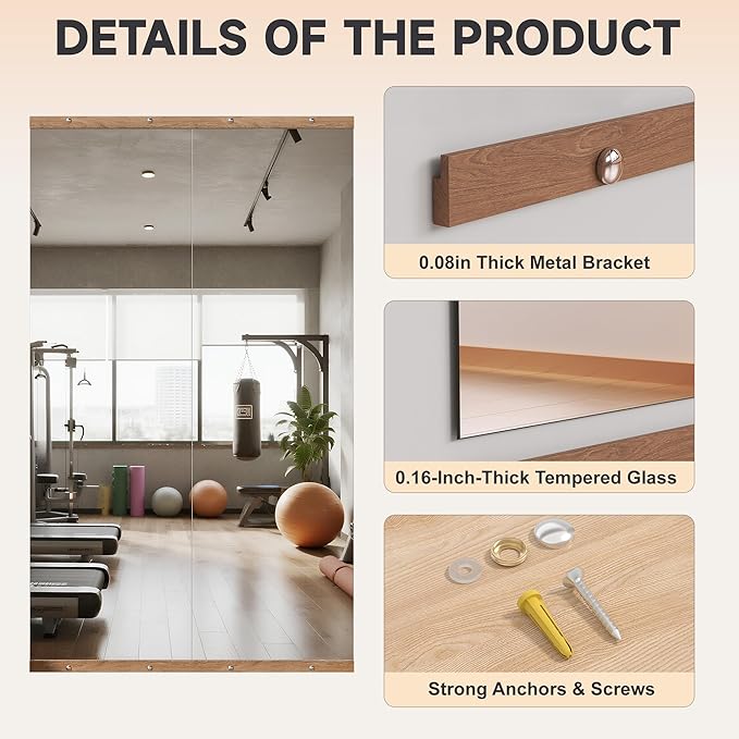 Hasipu 3Pcs 55''x17'' Home Gym Mirror Large Full Length Wall Mounted Full Body Mirror for Yoga Dance Fitness Exercise Studio Bedroom Garage, Frameless Tempered Glass Workout Mirrors Walnut Rectangular