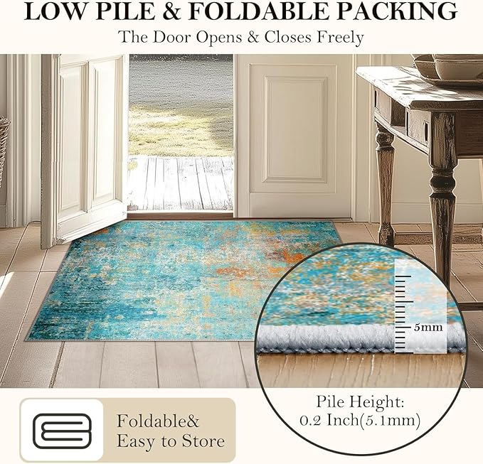 Washable Area Rugs 2'x6' Non-Slip Modern Abstract Soft for Living Room Entryway Bedroom Nursery, Print Pattern, Teal Blue Green Orange Rust Red Colorful