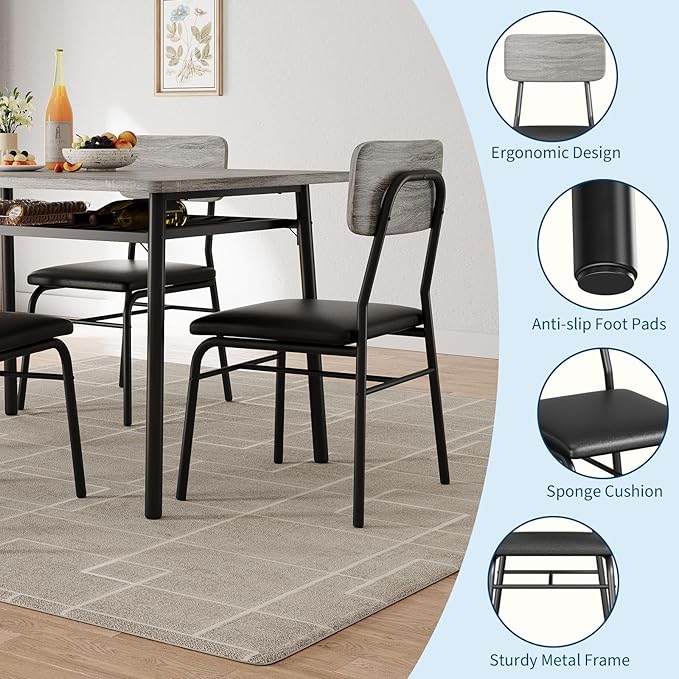 GarveeHome Dining Table for 2 with Storage Rack, Small Kitchen Table for 2 with Metal Frame, Square Table with Upholstered Chairs Set of 2, 3-Piece Dining Room Set for Small Space, Apartment, Gray