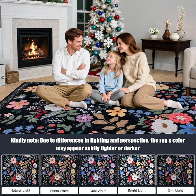 Round Area Rug for Living Room: 4 ft Floral Washable Circle Rug Soft Boho - Image 9