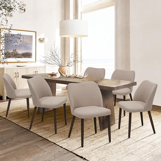 COLAMY Upholstered Dining Chairs Set of 6, Modern Fabric Dining Room Kitchen Side Chair with Padded Seat and Wood Legs for Restaurant/Cafe, Camel