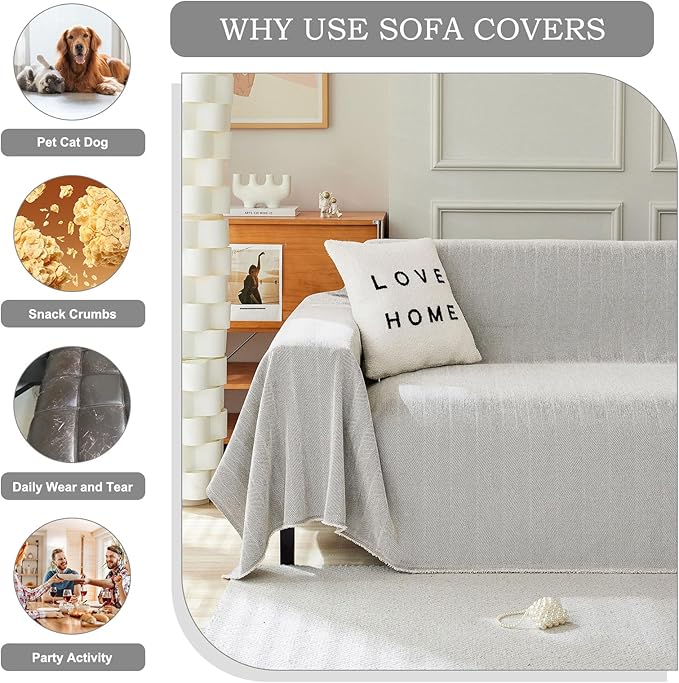 STACYPIK Soft Silver Gray Sofa Cover for Dogs, Modern Jacquard Couch Covers,Pet Friendly Protector for 3 Cushion Couch, Non-Slip Chenille Loveseat Cover for Sectional, Multi-use Throw Cover-71X150IN
